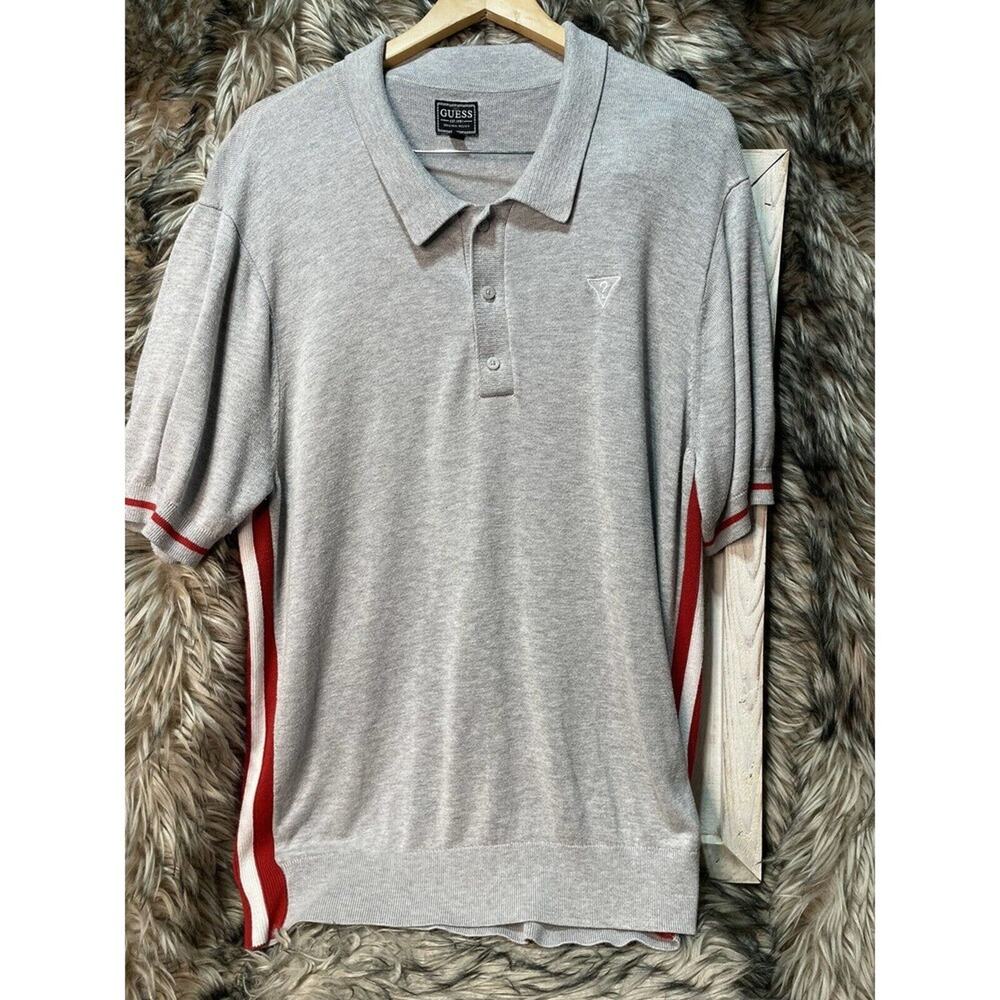 Guess Knit Polo Gray With Red and White Strip Men's Size‎ Xl